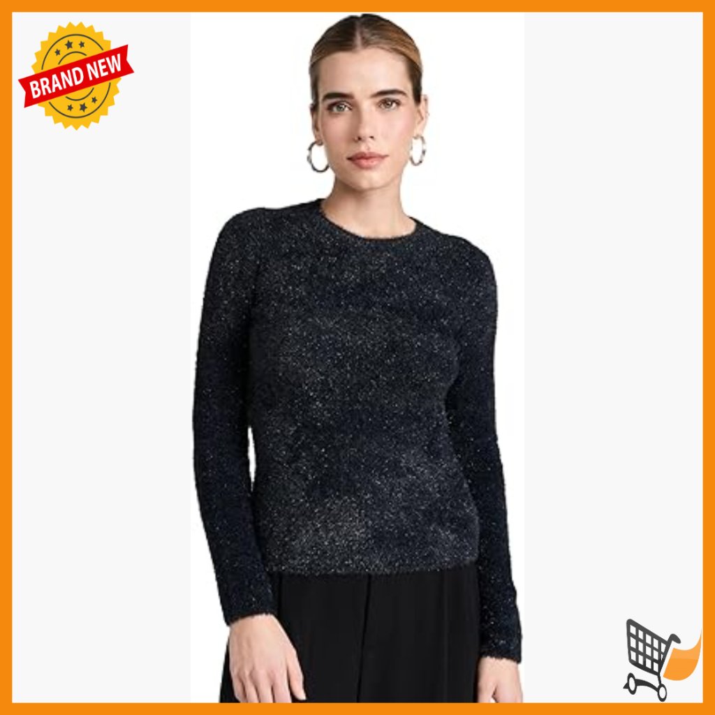 Soft Eyelash Pullover Sweater With Metallic Threads, Long Sleeve Crew Neck